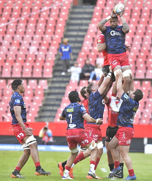 110525 - Emirates Lions v Scarlets - United Rugby Championship -  Sam Lousi of Scarlets wins possession