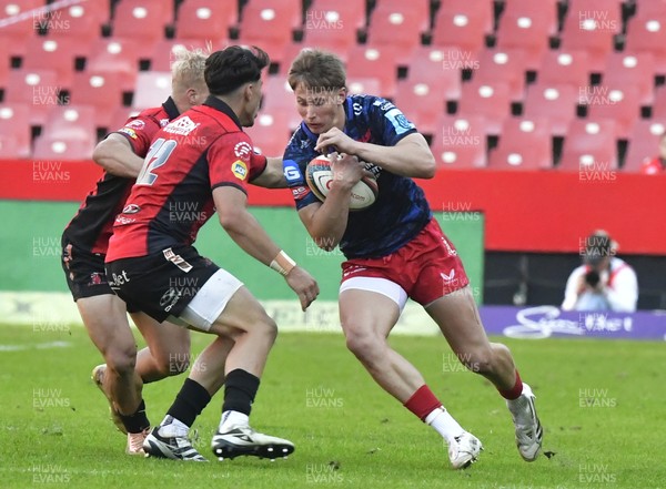 110525 - Emirates Lions v Scarlets - United Rugby Championship - Ellis Mee of Scarlets with the ball