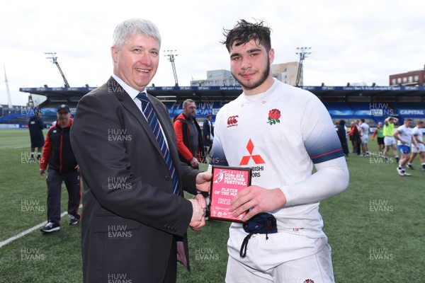 080418 - England U18 v France U18 - Under 18 Six Nations Festival - George Martin of England receives his player of the game award