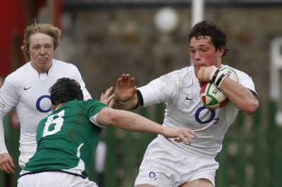 06.04.10 England U18 v Ireland U18 - Under 18s 5 Nations Festival -  England's Dominic Barrow attempts to hand off Ireland's Aaron Conneely. 