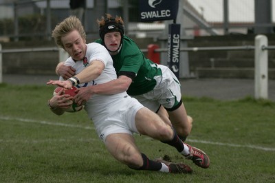 06.04.10 England U18 v Ireland U18 - Under 18s 5 Nations Festival -  England's Charlie Walker dives over to score despite the tackle of Ireland's Peter Nelson.   