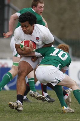 06.04.10 England U18 v Ireland U18 - Under 18s 5 Nations Festival -  England's Billy Vunipola runs at Ireland's Cahal Marsh.  