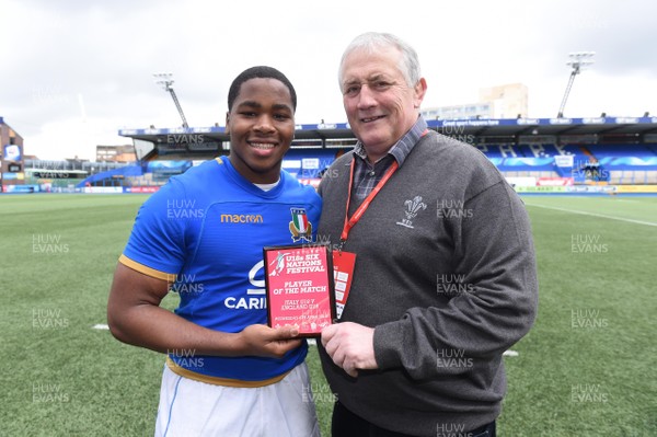 040418 - England U18 v Italy U18 - Under 18 Six Nations Festival - Rosario Tomas of Italy receives the player of the game award from Anthony Buchanan 