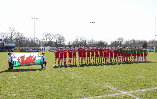 200322 England U18 v Wales U18, Under 18 International Match - The Wales team line up for the National anthems