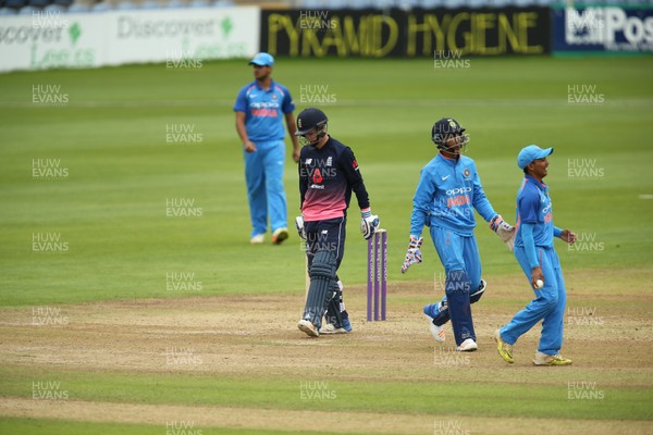 070817 - England U19 v India U19, 1st Youth ODI, Cardiff - Felix Organ of England plays a shot but is caught out