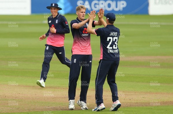 070817 - England U19 v India U19, 1st Youth ODI, Cardiff - Adam Finch of England celebrates with Will Jacks of England after taking the wicket of Himanshu Rana of India