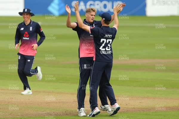 070817 - England U19 v India U19, 1st Youth ODI, Cardiff - Adam Finch of England celebrates with Will Jacks of England after taking the wicket of Himanshu Rana of India