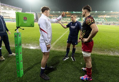 060226 - England U20 v Wales U20, 2026 U20 Six Nations - Captains Connor Treacey of England and Deian Gwynne of Wales at the coin toss