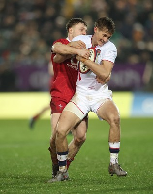 060226 - England U20 v Wales U20, 2026 U20 Six Nations - James Pater of England is held by Tom Bowen of Wales