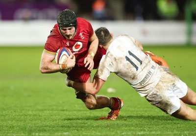 060226 - England U20 v Wales U20, 2026 U20 Six Nations - Evan Minto of Wales is tackled by George Pearson of England