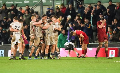 060226 - England U20 v Wales U20, 2026 U20 Six Nations - England players celebrate on the final whistle