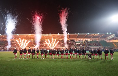 060226 - England U20 v Wales U20, 2026 U20 Six Nations - Wales line up in front of the pyrotechnics at the start of the match