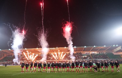 060226 - England U20 v Wales U20, 2026 U20 Six Nations - Wales line up in front of the pyrotechnics at the start of the match