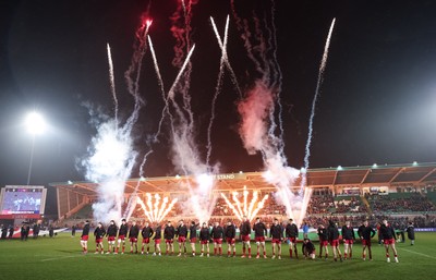 060226 - England U20 v Wales U20, 2026 U20 Six Nations - Wales line up in front of the pyrotechnics at the start of the match