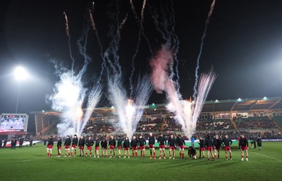060226 - England U20 v Wales U20, 2026 U20 Six Nations - Wales line up in front of the pyrotechnics at the start of the match