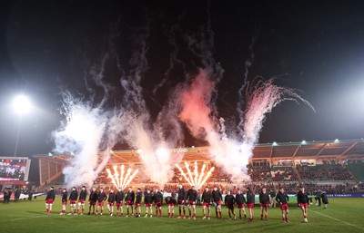 060226 - England U20 v Wales U20, 2026 U20 Six Nations - Wales line up in front of the pyrotechnics at the start of the match