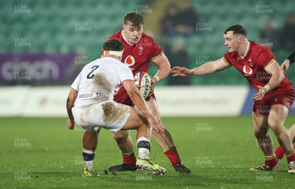 060226 - England U20 v Wales U20, 2026 U20 Six Nations - George Tuckley of Wales takes on Jimmy Staples of England