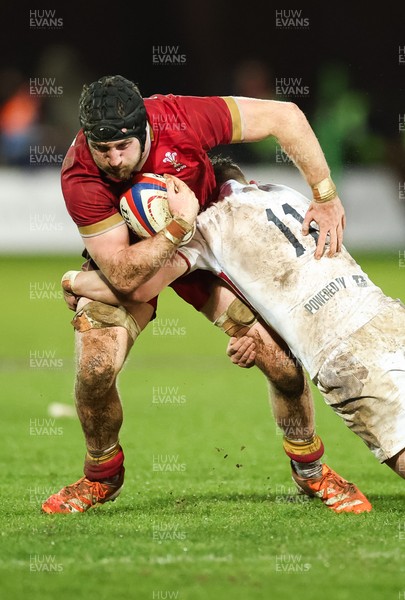 060226 - England U20 v Wales U20, 2026 U20 Six Nations - Evan Minto of Wales is tackled by George Pearson of England