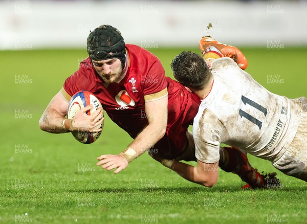 060226 - England U20 v Wales U20, 2026 U20 Six Nations - Evan Minto of Wales is tackled by George Pearson of England