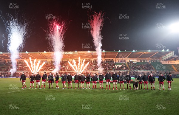 060226 - England U20 v Wales U20, 2026 U20 Six Nations - Wales line up in front of the pyrotechnics at the start of the match