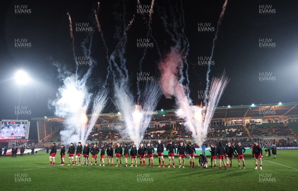 060226 - England U20 v Wales U20, 2026 U20 Six Nations - Wales line up in front of the pyrotechnics at the start of the match