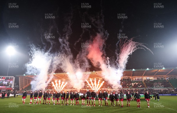 060226 - England U20 v Wales U20, 2026 U20 Six Nations - Wales line up in front of the pyrotechnics at the start of the match
