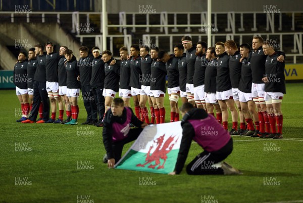 090218 - England U20 v Wales U20 - NatWest 6 Nations - The Wales team line up for the anthems