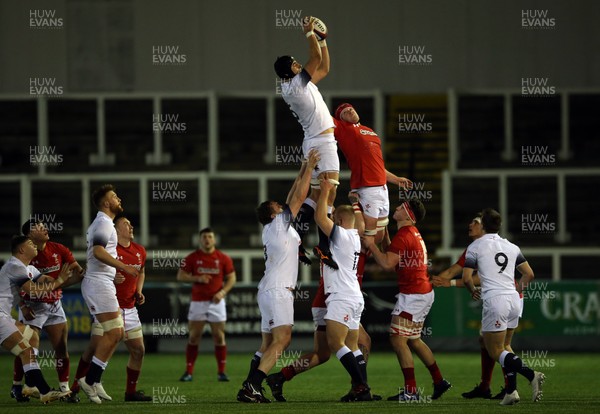 090218 - England U20 v Wales U20 - NatWest 6 Nations - Sam Lewis of England wins the ball from Jack Pope of Wales at a line out 