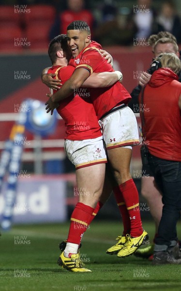 110316 - England U20 v Wales U20 - RBS 6 Nations - Billy McBryde and Keelan Giles of Wales celebrate the victory