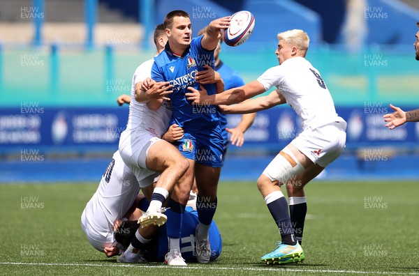 130721 -  England U20s v Italy U20s - U20s 6 Nations Championship - Filippo Drago of Italy is tackled by Orlando Bailey and Jack van Poortvliet of England