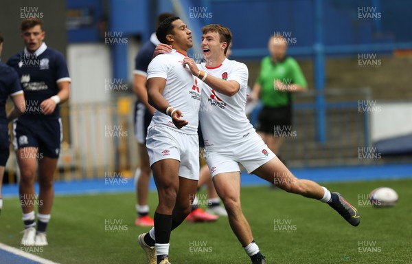 250621 - England U20 v Scotland U20, U20 Six Nations - Deago Bailey of England  celebrates with Arthur Relton of England after scoring try