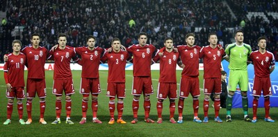 050314 - England U'21's vs Wales U'21's -EUFA U'21's Qualifying Group One-The Wales team during the National Anthems(c) Huw Evans Agency