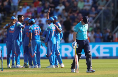 160726 - England v India, Second Metro Bank One Day International, Cardiff - Harry Brook of England is caught by Ishan Kishan