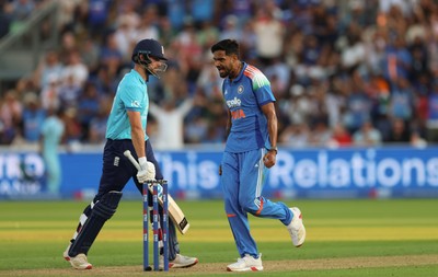 160726 - England v India, Second Metro Bank One Day International, Cardiff - Gurnoor Brar of India celebrates as he dismisses Will Jacks of England, caught by Virat Kohli