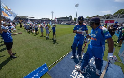 160726 - England v India, Second Metro Bank One Day International, Cardiff - Shubman Gill of India and Rohit Sharma of India take to the pitch for the start of play
