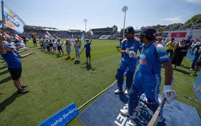 160726 - England v India, Second Metro Bank One Day International, Cardiff - Shubman Gill of India and Rohit Sharma of India take to the pitch for the start of play