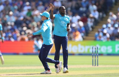 160726 - England v India, Second Metro Bank One Day International, Cardiff - Jofra Archer of England celebrates after taking the wicket of Axar Patel of India