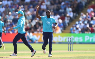 160726 - England v India, Second Metro Bank One Day International, Cardiff - Jofra Archer of England celebrates after taking the wicket of Axar Patel of India