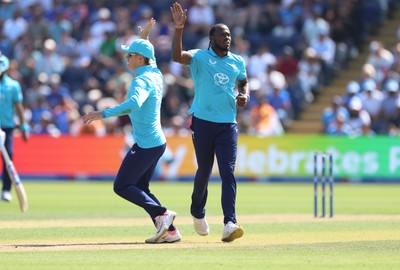 160726 - England v India, Second Metro Bank One Day International, Cardiff - Jofra Archer of England celebrates after taking the wicket of Axar Patel of India
