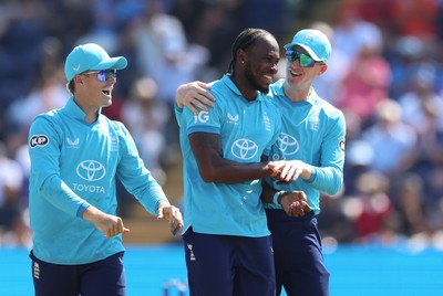 160726 - England v India, Second Metro Bank One Day International, Cardiff - Jofra Archer of England celebrates after taking the wicket of Shivam Dube of India