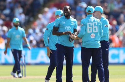160726 - England v India, Second Metro Bank One Day International, Cardiff - Jofra Archer of England celebrates after taking the wicket of Shivam Dube of India