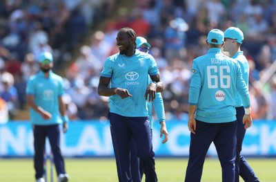 160726 - England v India, Second Metro Bank One Day International, Cardiff - Jofra Archer of England celebrates after taking the wicket of Shivam Dube of India