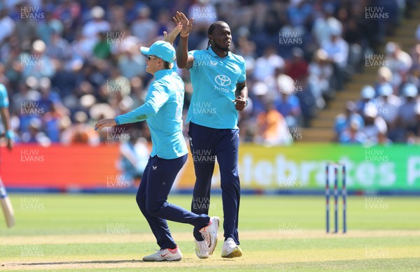 160726 - England v India, Second Metro Bank One Day International, Cardiff - Jofra Archer of England celebrates after taking the wicket of Axar Patel of India