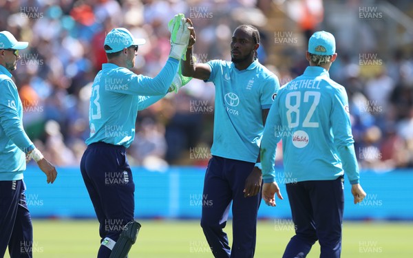 160726 - England v India, Second Metro Bank One Day International, Cardiff - Jofra Archer of England celebrates after taking the wicket of Axar Patel of India