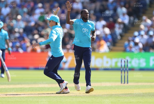160726 - England v India, Second Metro Bank One Day International, Cardiff - Jofra Archer of England celebrates after taking the wicket of Axar Patel of India