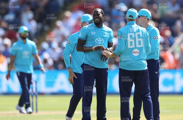 160726 - England v India, Second Metro Bank One Day International, Cardiff - Jofra Archer of England celebrates after taking the wicket of Shivam Dube of India