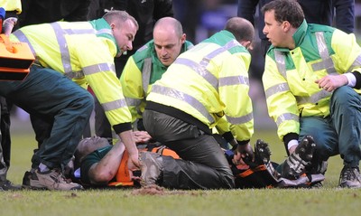 27.02.10 - England v Ireland - RBS Six Nations 2010 - Brian O'Driscoll of Ireland leaves the field on a stretcher. 