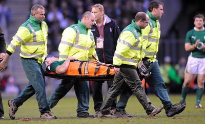 27.02.10 - England v Ireland - RBS Six Nations 2010 - Brian O'Driscoll of Ireland leaves the field on a stretcher. 