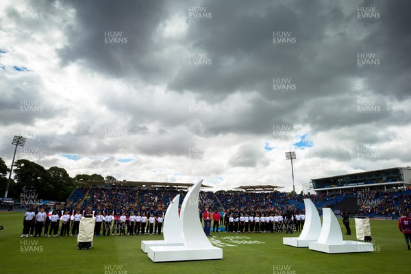 060617 - England v New Zealand, ICC Champions Trophy 2017, Cardiff - England and New Zealand teams line up at the start of the match