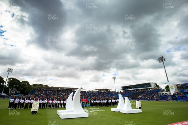 060617 - England v New Zealand, ICC Champions Trophy 2017, Cardiff - England and New Zealand teams line up at the start of the match